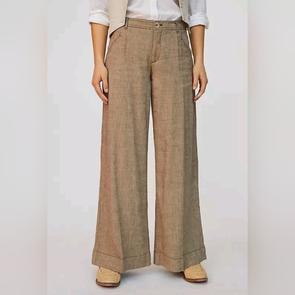 Anthropologie Linen Low-Rise Wide Leg Pants Tan Beige Waist 29 - Picture 5 of 15